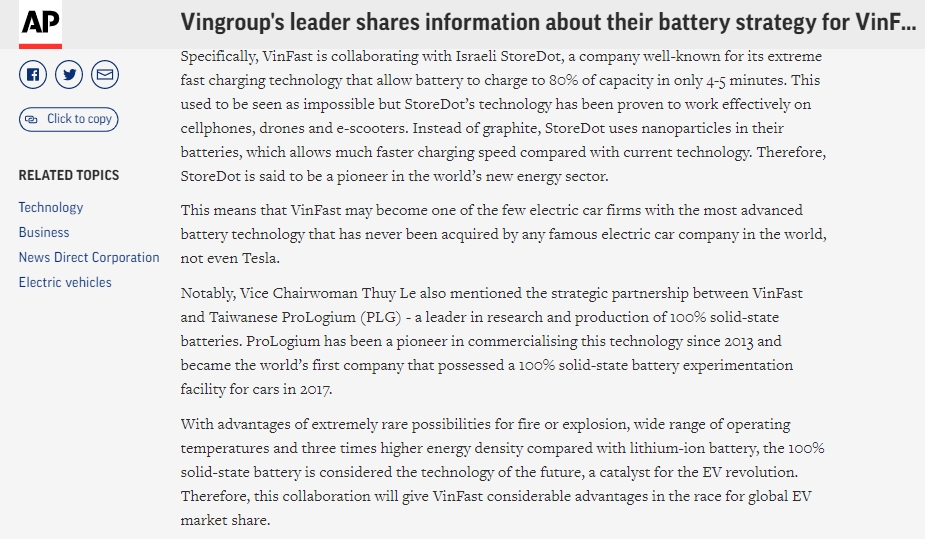 Truyền thông quốc tế: ‘VinFast sẽ sở hữu công nghệ pin khủng nhất thị trường, vượt cả Tesla’